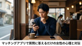 マッチングアプリのメッセージに悩み、カフェで真剣な表情でスマートフォンを見つめる日本人の成人男性。背景には、記事タイトルの「マッチングアプリで質問に答えるだけの女性の心理と対策」という日本語のテキストがデザインされている。