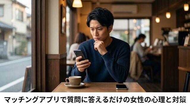 マッチングアプリのメッセージに悩み、カフェで真剣な表情でスマートフォンを見つめる日本人の成人男性。背景には、記事タイトルの「マッチングアプリで質問に答えるだけの女性の心理と対策」という日本語のテキストがデザインされている。
