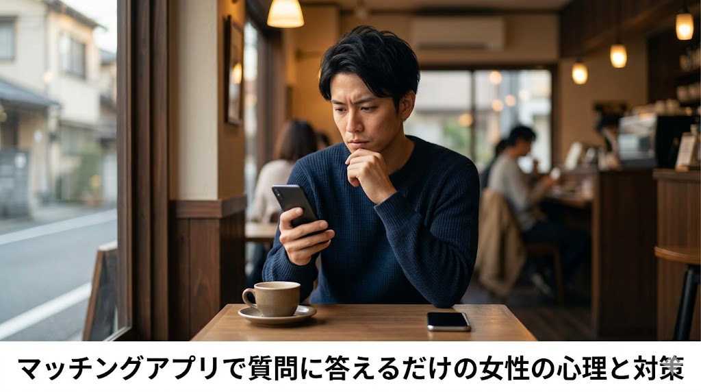 マッチングアプリのメッセージに悩み、カフェで真剣な表情でスマートフォンを見つめる日本人の成人男性。背景には、記事タイトルの「マッチングアプリで質問に答えるだけの女性の心理と対策」という日本語のテキストがデザインされている。