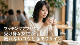 カフェで物憂げな表情でマグカップを持つ日本人女性のアイキャッチ画像。画像下部に記事タイトル「マッチングアプリで受け身な女性が疲れないコツと脈ありサイン」のテキストが配置されている。