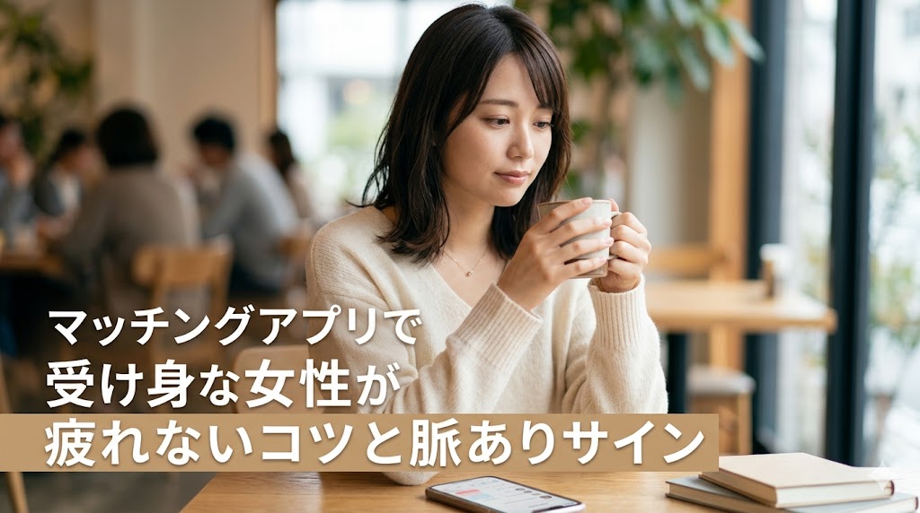 カフェで物憂げな表情でマグカップを持つ日本人女性のアイキャッチ画像。画像下部に記事タイトル「マッチングアプリで受け身な女性が疲れないコツと脈ありサイン」のテキストが配置されている。
