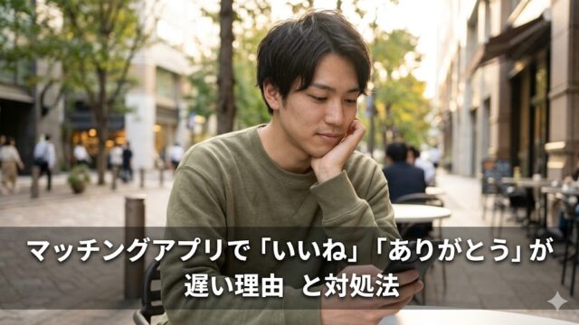 スマートフォンを手に、マッチングアプリの反応を待ちながら物思いにふける日本人男性のアイキャッチ画像。「マッチングアプリで「いいね」「ありがとう」が遅い理由と対処法」のタイトル文字入り。