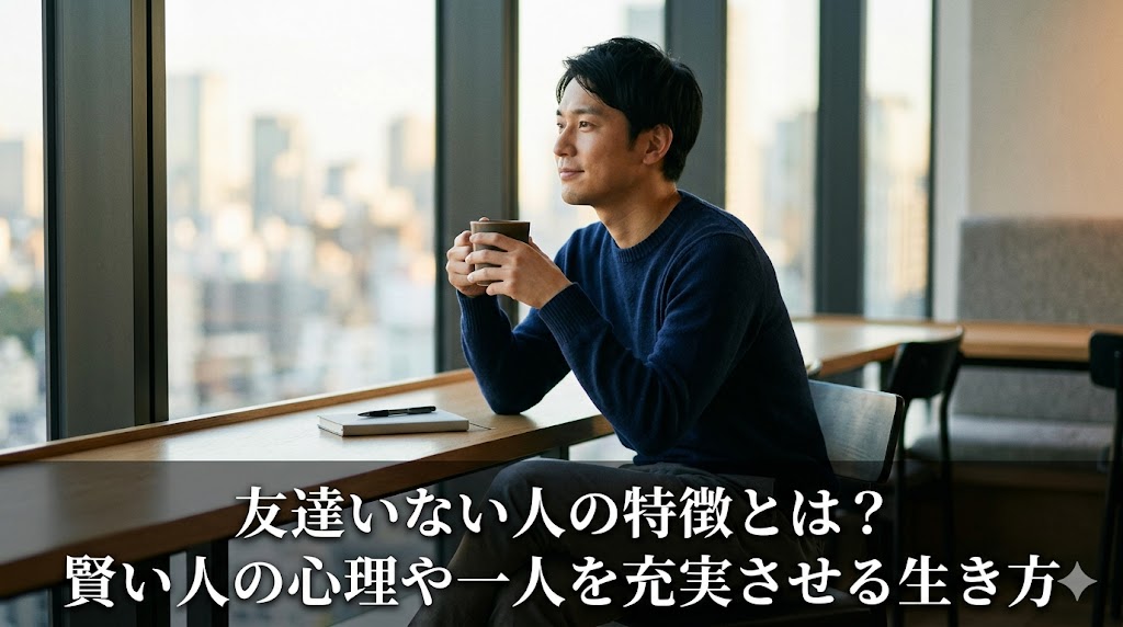 洗練されたカフェで一人の時間を穏やかに楽しむ日本人男性と、記事タイトル「友達いない人の特徴とは？賢い人の心理や一人を充実させる生き方」のテキスト。
