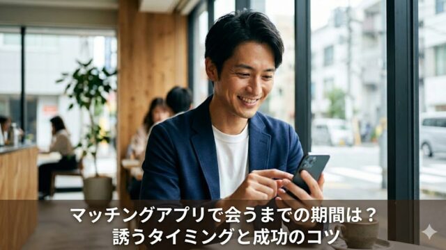 清潔感のある日本人男性が都会のカフェでスマートフォンを操作しながら、自信と喜びを感じさせる笑顔を浮かべています。