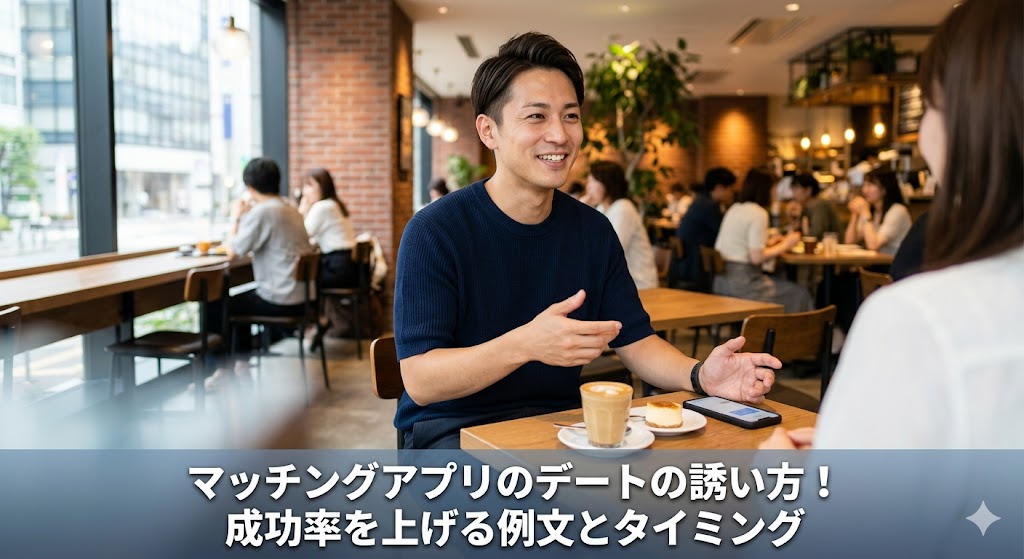 清潔感のある日本人男性が都会のカフェでスマートフォンを操作しながら、自信と喜びを感じさせる笑顔を浮かべています。