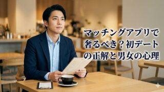マッチングアプリの初デートでお会計を奢るべきか悩む日本人男性のアイキャッチ画像。画像下部には記事タイトル「マッチングアプリで奢るべき？初デートの正解と男女の心理」の文字が配置されている。