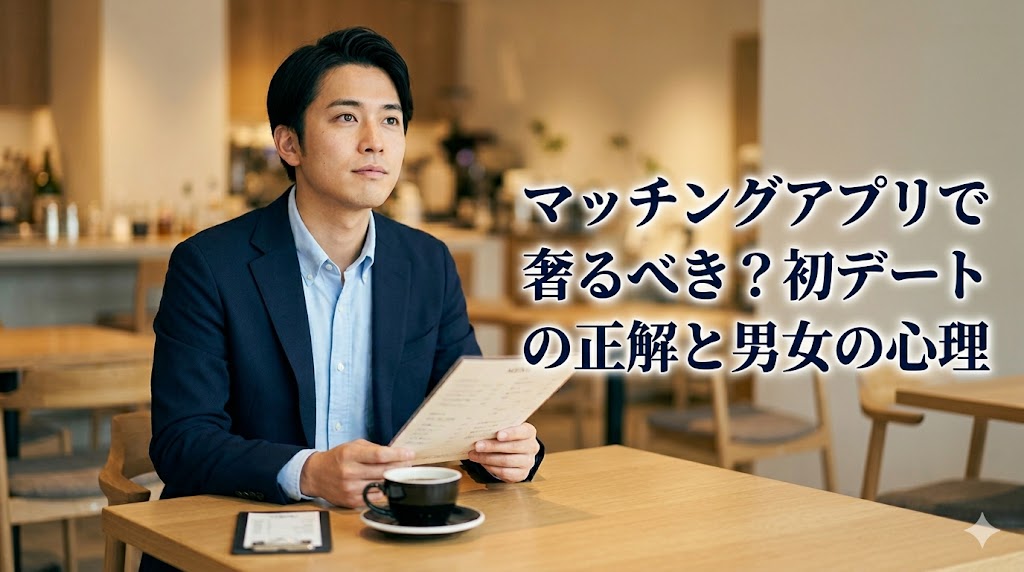 マッチングアプリの初デートでお会計を奢るべきか悩む日本人男性のアイキャッチ画像。画像下部には記事タイトル「マッチングアプリで奢るべき？初デートの正解と男女の心理」の文字が配置されている。