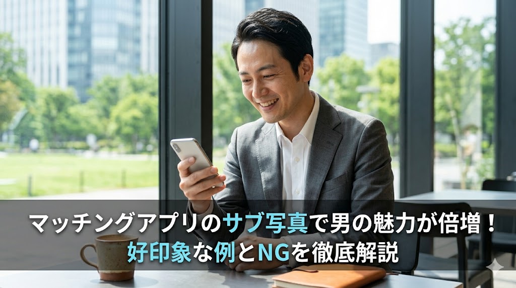 スマートフォンを笑顔で見つめる、スーツ姿の30代日本人男性（記事内で紹介した男性）。画像下部に「マッチングアプリのサブ写真で男の魅力が倍増！好印象な例とNGを徹底解説」のタイトルテキストを配置した、リアルなアイキャッチ写真。