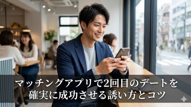 マッチングアプリで2回目のデートを成功させる誘い方とコツについて考える、笑顔の日本人男性。画像下部に記事タイトルあり。