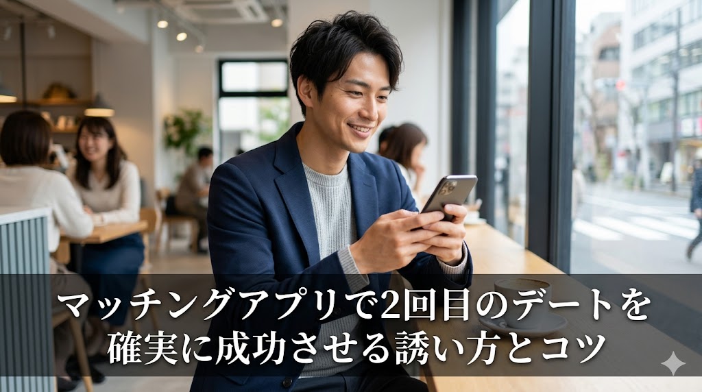 マッチングアプリで2回目のデートを成功させる誘い方とコツについて考える、笑顔の日本人男性。画像下部に記事タイトルあり。