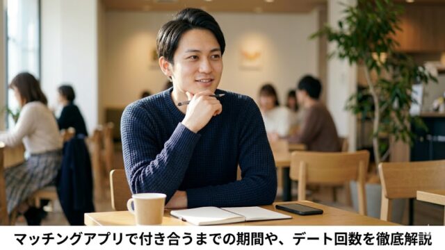 「マッチングアプリで付き合うまでの期間や、デート回数を徹底解説」という記事タイトルの入ったアイキャッチ画像。落ち着いた雰囲気のカフェで、思索にふける日本人男性の実像写真。