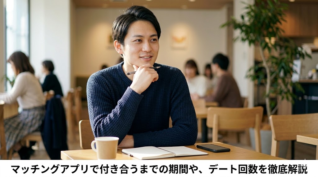 「マッチングアプリで付き合うまでの期間や、デート回数を徹底解説」という記事タイトルの入ったアイキャッチ画像。落ち着いた雰囲気のカフェで、思索にふける日本人男性の実像写真。
