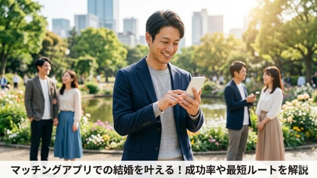 晴れた日の公園で、楽しそうにスマートフォンを操作しながら、理想のパートナーとの出会いを夢見る日本人男性。画像下部に「マッチングアプリでの結婚を叶える！成功率や最短ルートを解説」というタイトルが入ったアイキャッチ画像。
