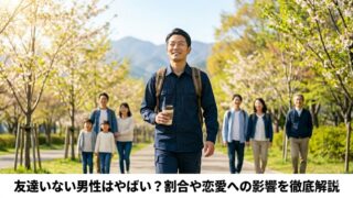 友達いない男性はやばい？割合や恋愛への影響を徹底解説」のアイキャッチ。自信を持って前へ歩む日本人男性の写真と、その下部に日本語の記事タイトルが記載されている。