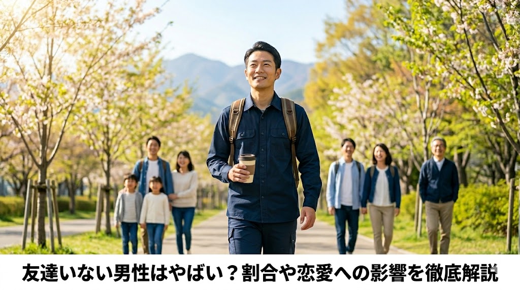 友達いない男性はやばい？割合や恋愛への影響を徹底解説」のアイキャッチ。自信を持って前へ歩む日本人男性の写真と、その下部に日本語の記事タイトルが記載されている。