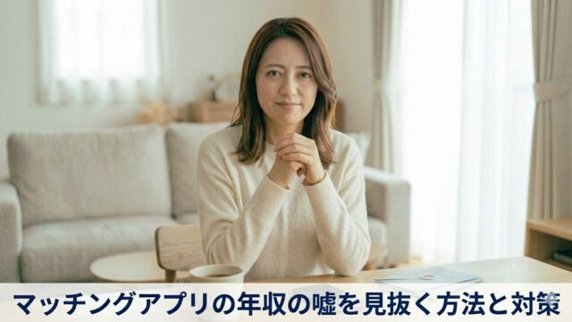 マッチングアプリの年収の嘘を見抜く方法と対策」というタイトルが入った、自信と真剣な表情を浮かべる日本人女性のアイキャッチ画像