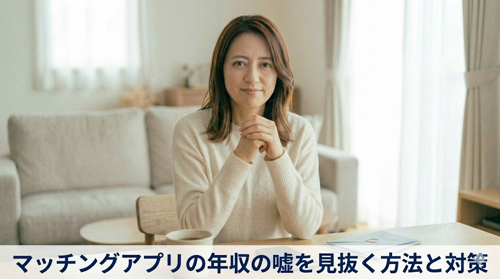 マッチングアプリの年収の嘘を見抜く方法と対策」というタイトルが入った、自信と真剣な表情を浮かべる日本人女性のアイキャッチ画像