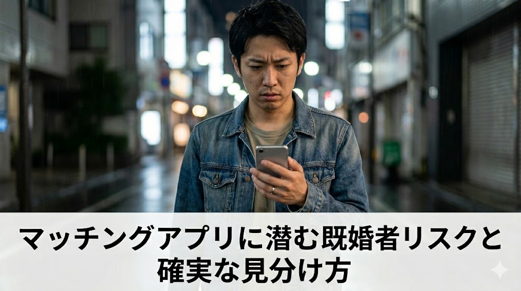 夜の街角で、スマートフォンを見つめ、何やら困惑したり疑ったりしているような表情の男性の写真。画像の下部には、「マッチングアプリに潜む既婚者リスクと確実な見分け方」という日本語の記事タイトルが配置されています。