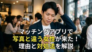 マッチングアプリで女性を待つカフェで、スマホを見ながら少し困惑した表情を浮かべる日本人男性の写真。画像中央には「マッチングアプリで写真と違う女性が来た！理由と対処法を解説」というタイトル文字が入っている。