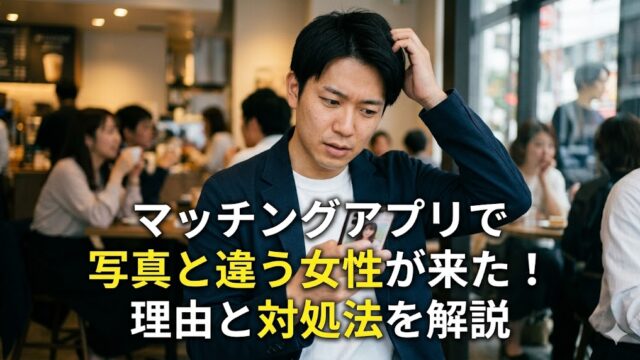 マッチングアプリで女性を待つカフェで、スマホを見ながら少し困惑した表情を浮かべる日本人男性の写真。画像中央には「マッチングアプリで写真と違う女性が来た！理由と対処法を解説」というタイトル文字が入っている。