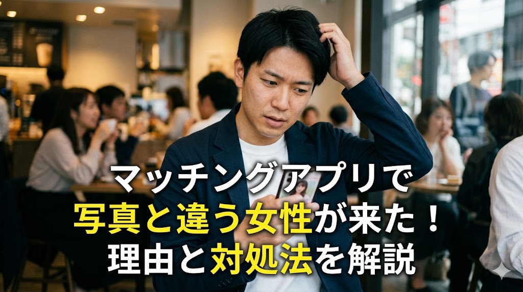 マッチングアプリで女性を待つカフェで、スマホを見ながら少し困惑した表情を浮かべる日本人男性の写真。画像中央には「マッチングアプリで写真と違う女性が来た！理由と対処法を解説」というタイトル文字が入っている。