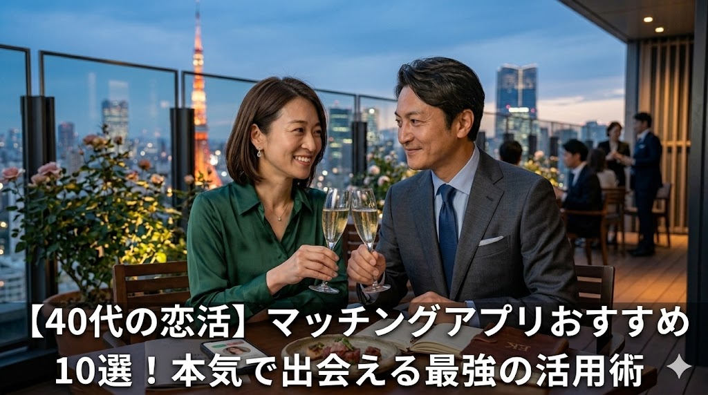 アイキャッチ画像のプロンプト 最後にこの記事のアイキャッチ画像を生成して下さい。 写真は実際の人間の4０代の若い美男美女カップルの写真にしてください。 記事のタイトルを文字にして入れて下さい。 「【40代の恋活】マッチングアプリおすすめ10選！本気で出会える最強の活用術」 イラストではなく普通の人間の画像を生成して下さい。 記事タイトルは、画像の下部に大きめに生成してください。 代替テキスト(alt)も教えてください。
