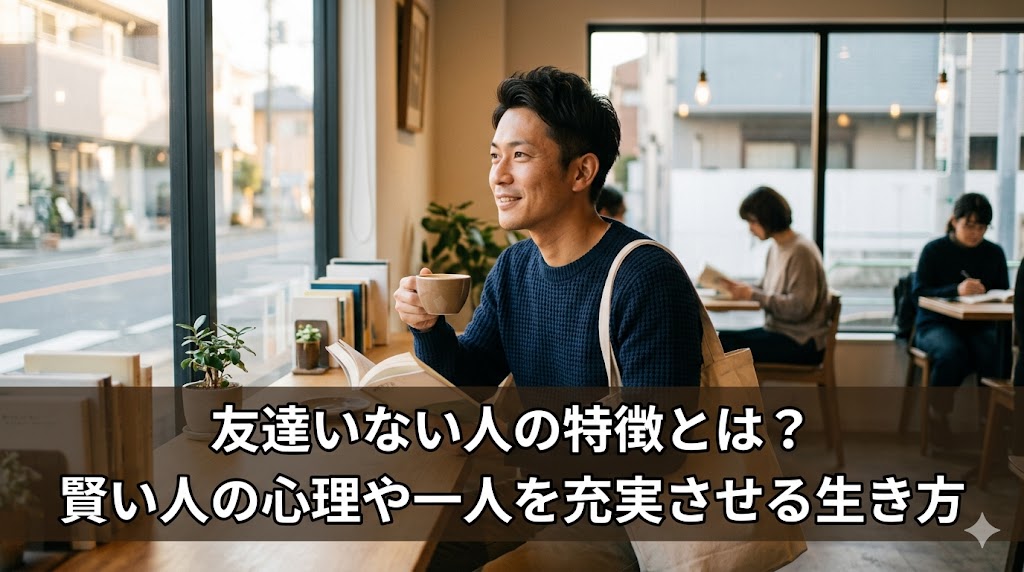 夕暮れの海を背景に一人で立つ、思索にふける日本人男性のポートレート。画像下部には、記事タイトル「友達いない人の特徴とは？賢い人の心理や一人を充実させる生き方」が白文字で入っている。