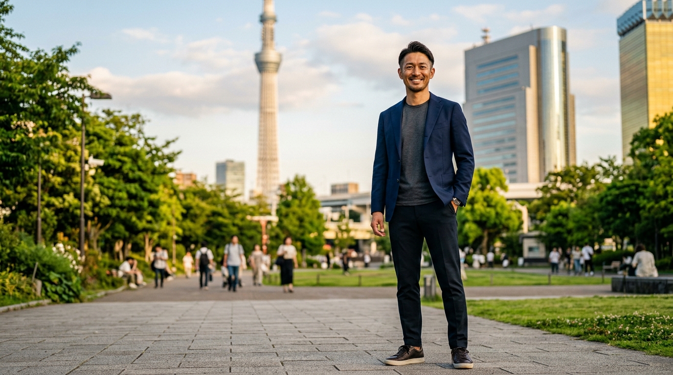 Confident Athletic Businessman in Tailored Suit with Healthy Feet