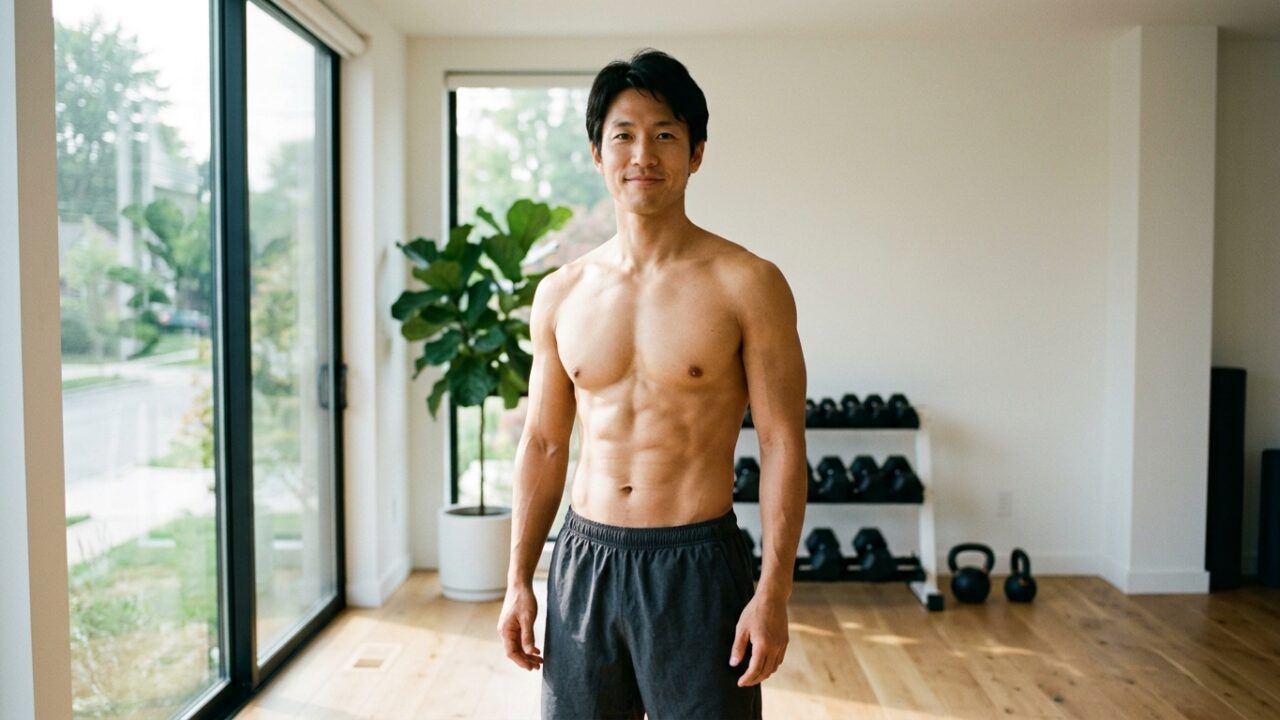 Athletic Japanese man in his 30s showing defined abs and fitness discipline