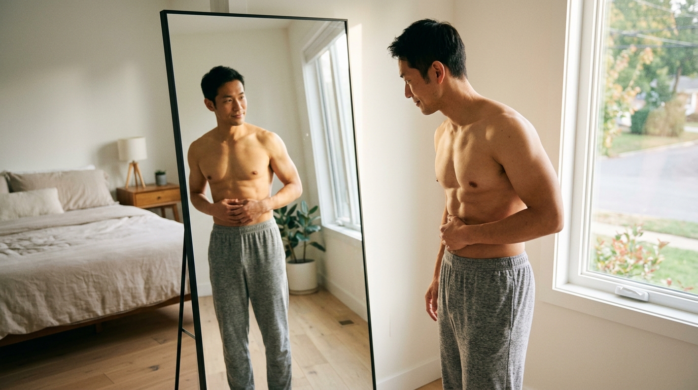 Fit Japanese man in his 30s checking body fat and fitness progress in mirror