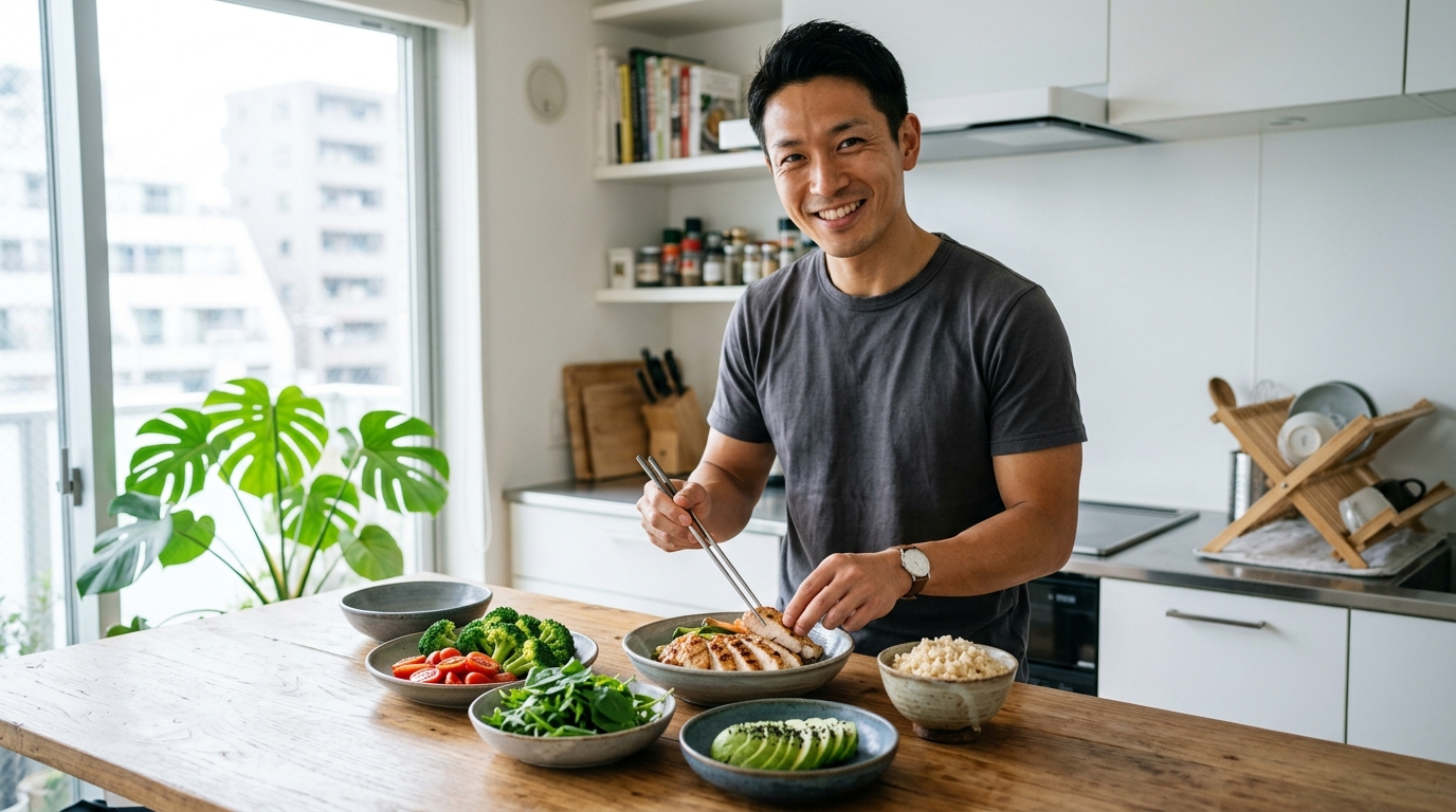 Healthy high protein balanced meal prepared by fit Japanese man in modern kitchen