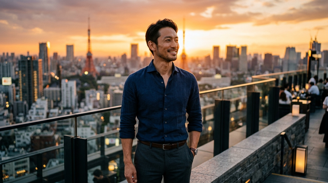 Confident Japanese businessman in his 30s with athletic posture looking towards bright future
